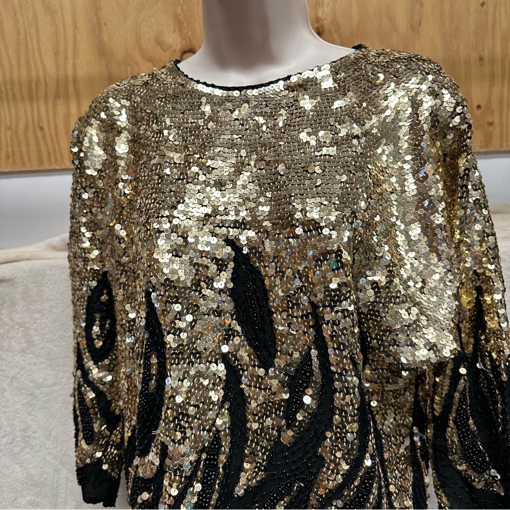 Vintage 1980s silk beaded sequins shirt fire design women’s small black gold - Picture 8 of 10